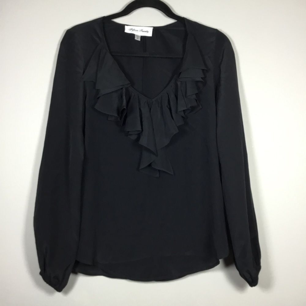 100% silk black blouse ruffle collar elastic cuffs fifteen twenty tag size XS